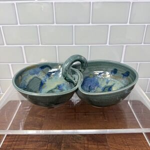 Studio Art Pottery Hand Thrown Divided Dip Bowl Signed Teal Cobalt Modern